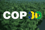 Imagem ilustrativa combinando elementos de construção civil, natureza amazônica e o logotipo da COP 30, representando a importância da engenharia civil para um futuro sustentável