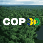 Imagem ilustrativa combinando elementos de construção civil, natureza amazônica e o logotipo da COP 30, representando a importância da engenharia civil para um futuro sustentável
