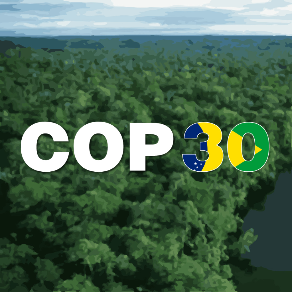 Imagem ilustrativa combinando elementos de construção civil, natureza amazônica e o logotipo da COP 30, representando a importância da engenharia civil para um futuro sustentável