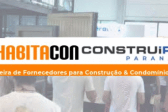 Visitantes e expositores interagindo na Feira HABITACON - CONSTRUIR 2025 em Curitiba, com foco em soluções para construção civil, engenharia, e manutenção condominial