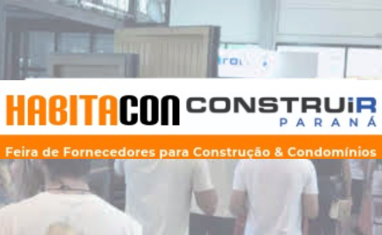 Visitantes e expositores interagindo na Feira HABITACON - CONSTRUIR 2025 em Curitiba, com foco em soluções para construção civil, engenharia, e manutenção condominial