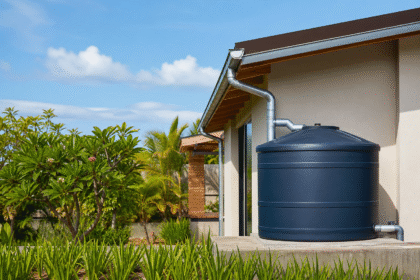 Aproveitamento de água pluvial com cisterna simples e sustentável — sistema de captação conectado a telhado residencial