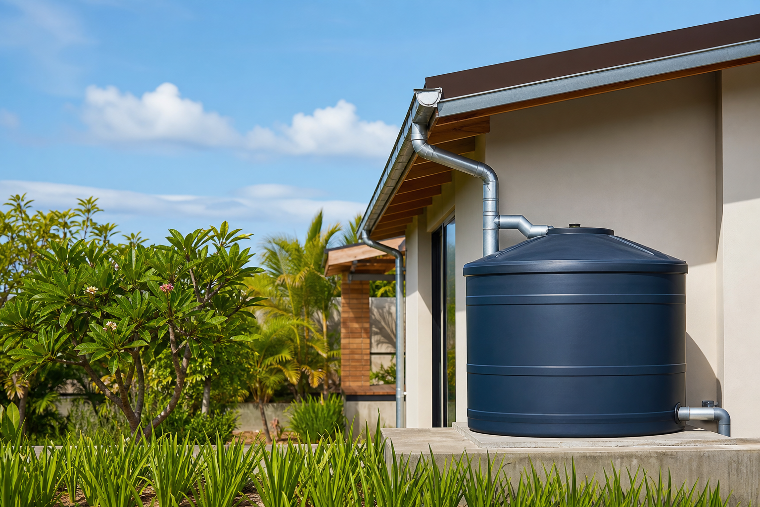 Aproveitamento de água pluvial com cisterna simples e sustentável — sistema de captação conectado a telhado residencial