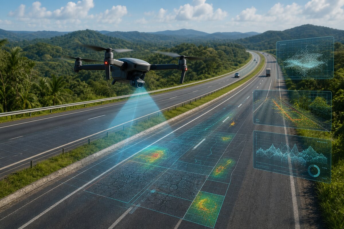 Drone fazendo inspeção de pavimento rodoviário com Inteligência Artificial - análise de trincas e defeitos em tempo real com visão computacional