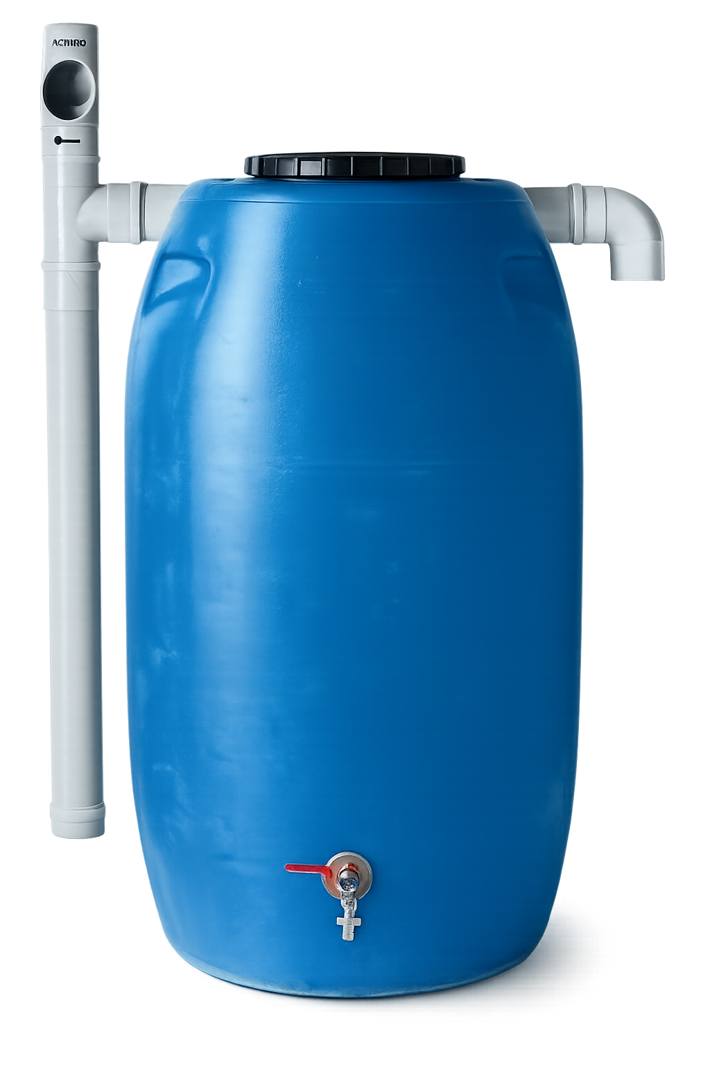 Mini cisterna de 240 litros para reuso de água pluvial — barril azul com tubulação PVC e torneira