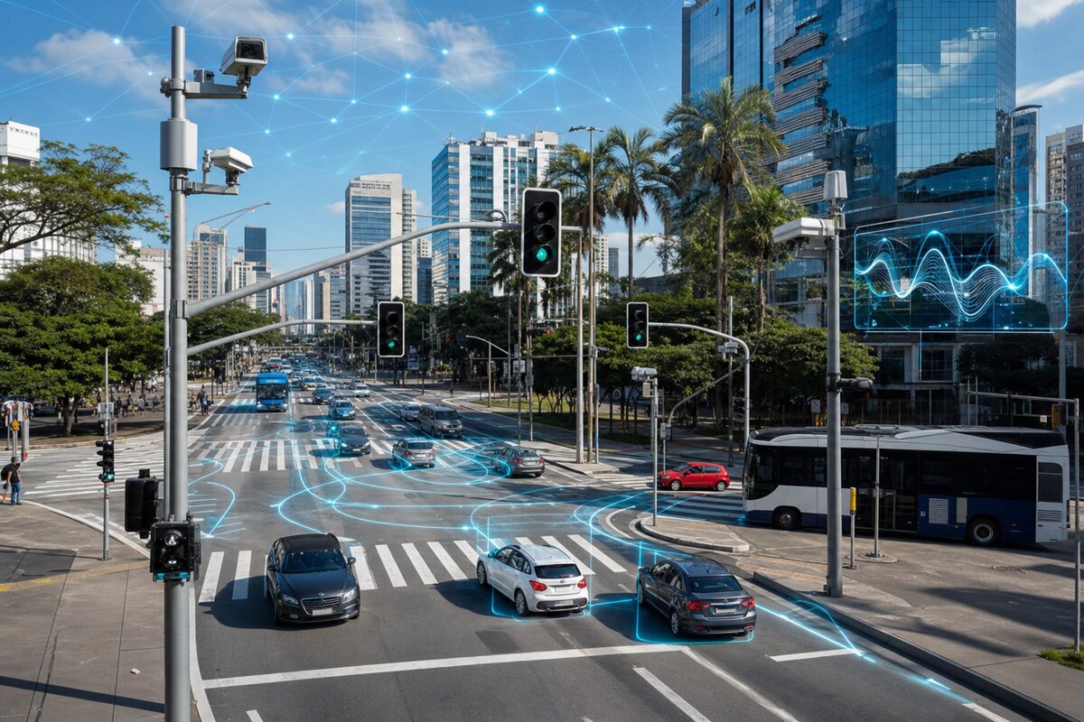 Semáforos inteligentes com Inteligência Artificial - cruzamento urbano com sinais de tráfego adaptativos e sensores de IA para monitoramento em tempo real