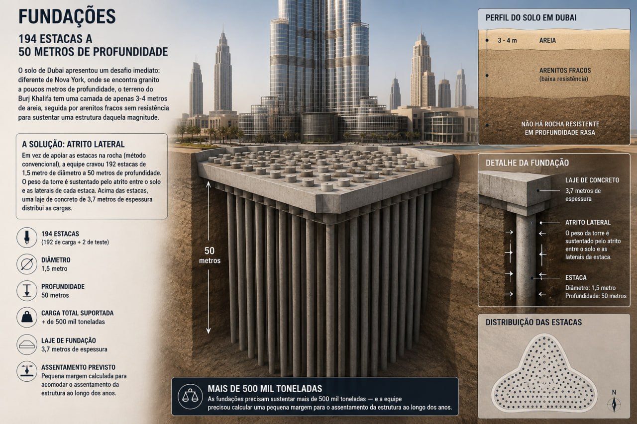Fundações do Burj Khalifa — sistema de estacas e atrito lateral Infográfico das fundações do Burj Khalifa — 194 estacas a 50 metros de profundidade com sistema de atrito lateral