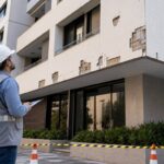 Desplacamento de fachada com revestimento cerâmico em inspeção técnica