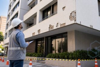 Desplacamento de fachada com revestimento cerâmico em inspeção técnica