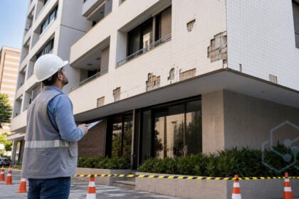 Desplacamento de fachada com revestimento cerâmico em inspeção técnica