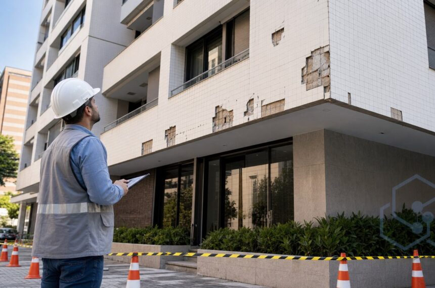 Desplacamento de fachada com revestimento cerâmico em inspeção técnica