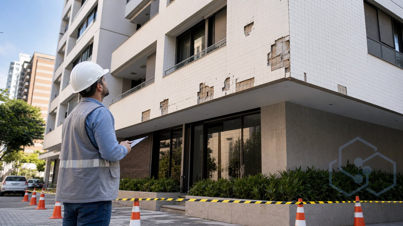 Desplacamento de fachada com revestimento cerâmico em inspeção técnica