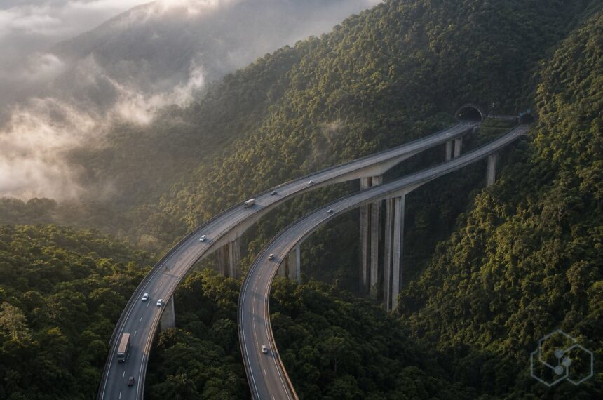 Capa editorial da Rodovia dos Imigrantes na Serra do Mar