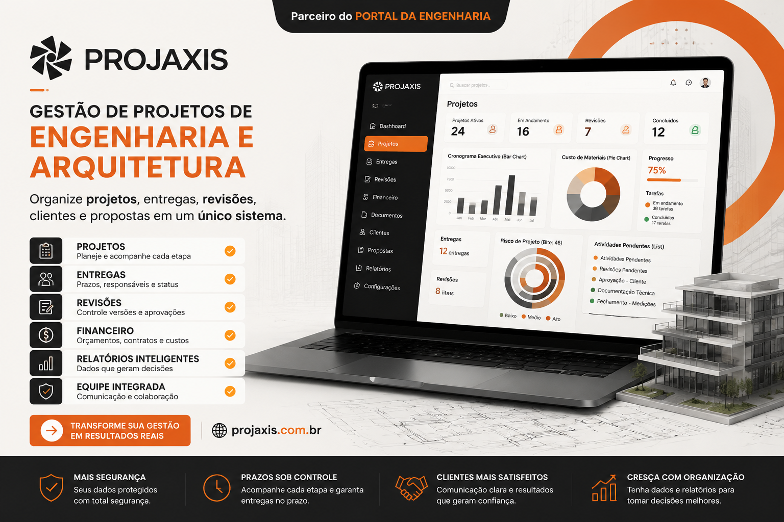 Banner do Projaxis exibindo o sistema de gestão de projetos de engenharia e arquitetura.