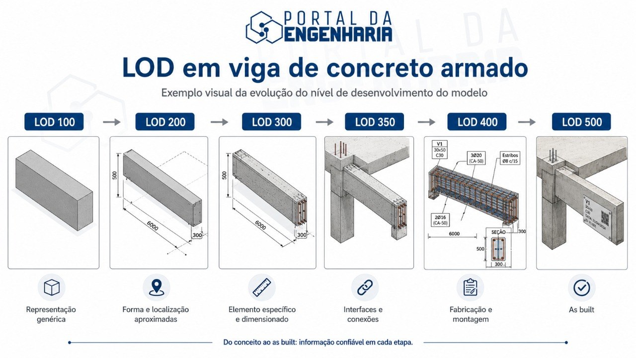 LOD em viga de concreto armado - evolucao do nivel de desenvolvimento do modelo BIM de 100 a 500