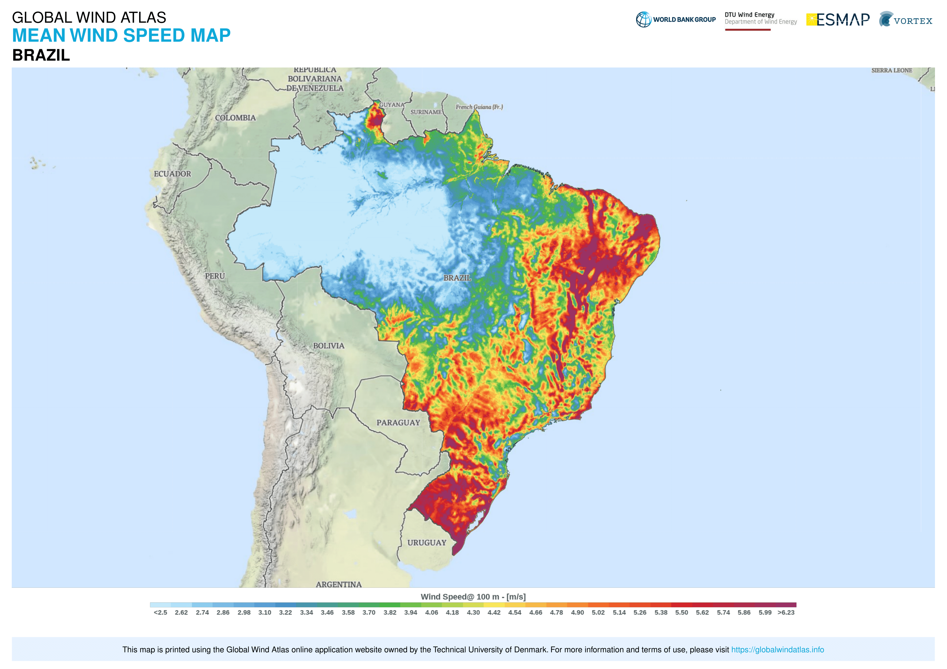 Mapa de velocidade media do vento no Brasil Global Wind Atlas