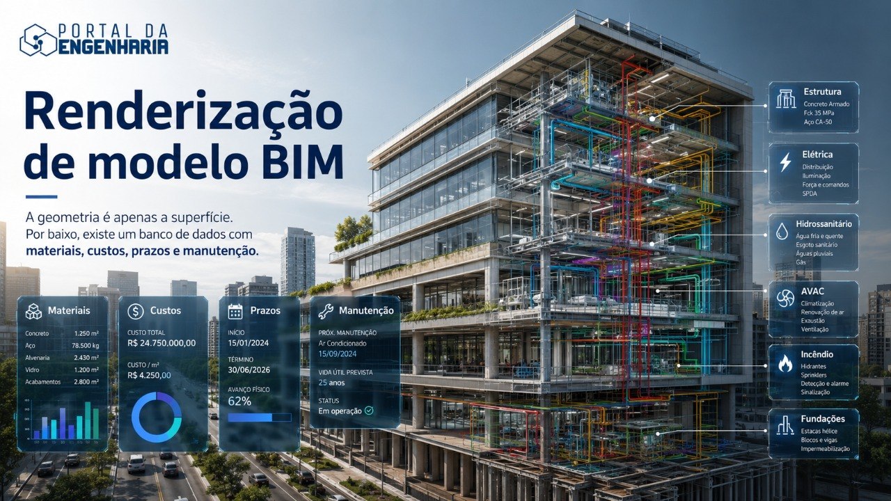 Renderizacao de modelo BIM com paineis de materiais, custos, prazos e manutencao