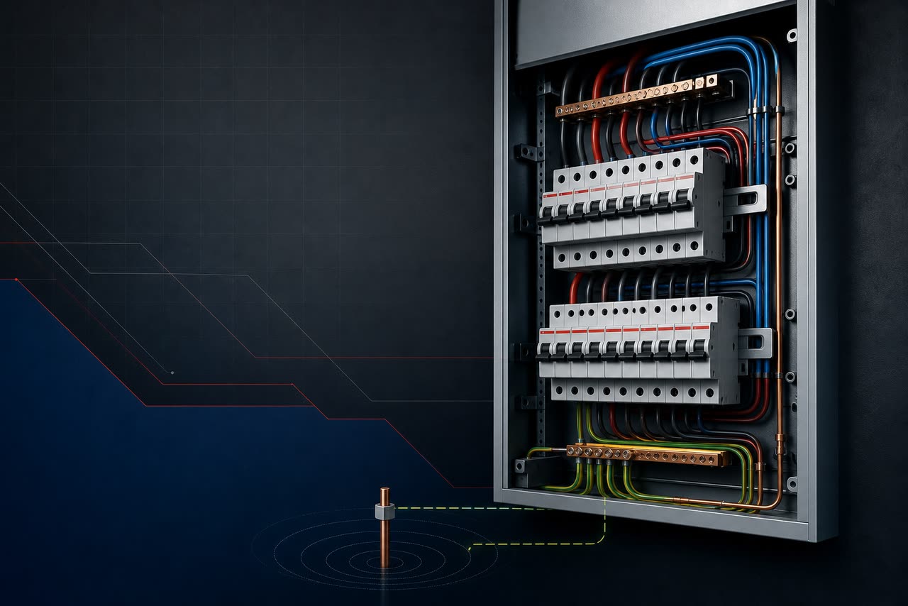 Quadro de distribuição elétrica de baixa tensão com disjuntores, condutores e aterramento