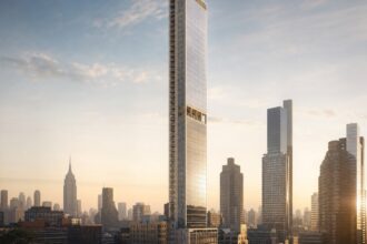 Ilustração conceitual de torre ultradelgada em Manhattan para o artigo sobre o 262 Fifth Avenue