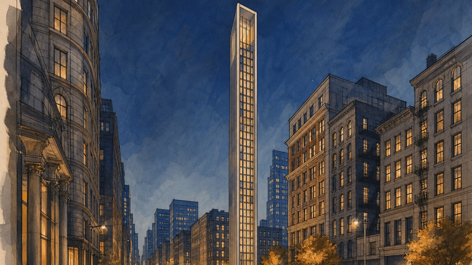 Ilustração editorial conceitual de uma torre extremamente esbelta em contexto urbano semelhante a Manhattan para o artigo sobre o 262 Fifth Avenue