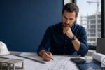 Engenheiro analisando desenho técnico com calculadora e régua para conversão de unidades de engenharia