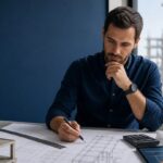 Engenheiro analisando desenho técnico com calculadora e régua para conversão de unidades de engenharia