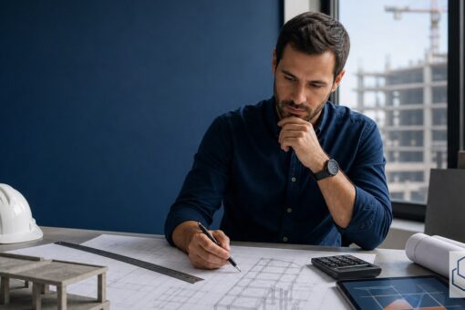 Engenheiro analisando desenho técnico com calculadora e régua para conversão de unidades de engenharia