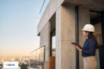 Engenheira inspecionando uma estrutura de concreto em edifício, representando desempenho, durabilidade e vida útil