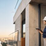 Engenheira inspecionando uma estrutura de concreto em edifício, representando desempenho, durabilidade e vida útil
