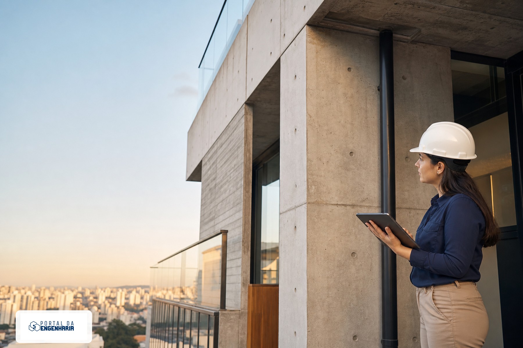 Engenheira inspecionando uma estrutura de concreto em edifício, representando desempenho, durabilidade e vida útil