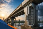 Ponte de concreto armado com corte mostrando armaduras protegidas