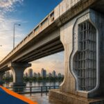 Ponte de concreto armado com corte mostrando armaduras protegidas