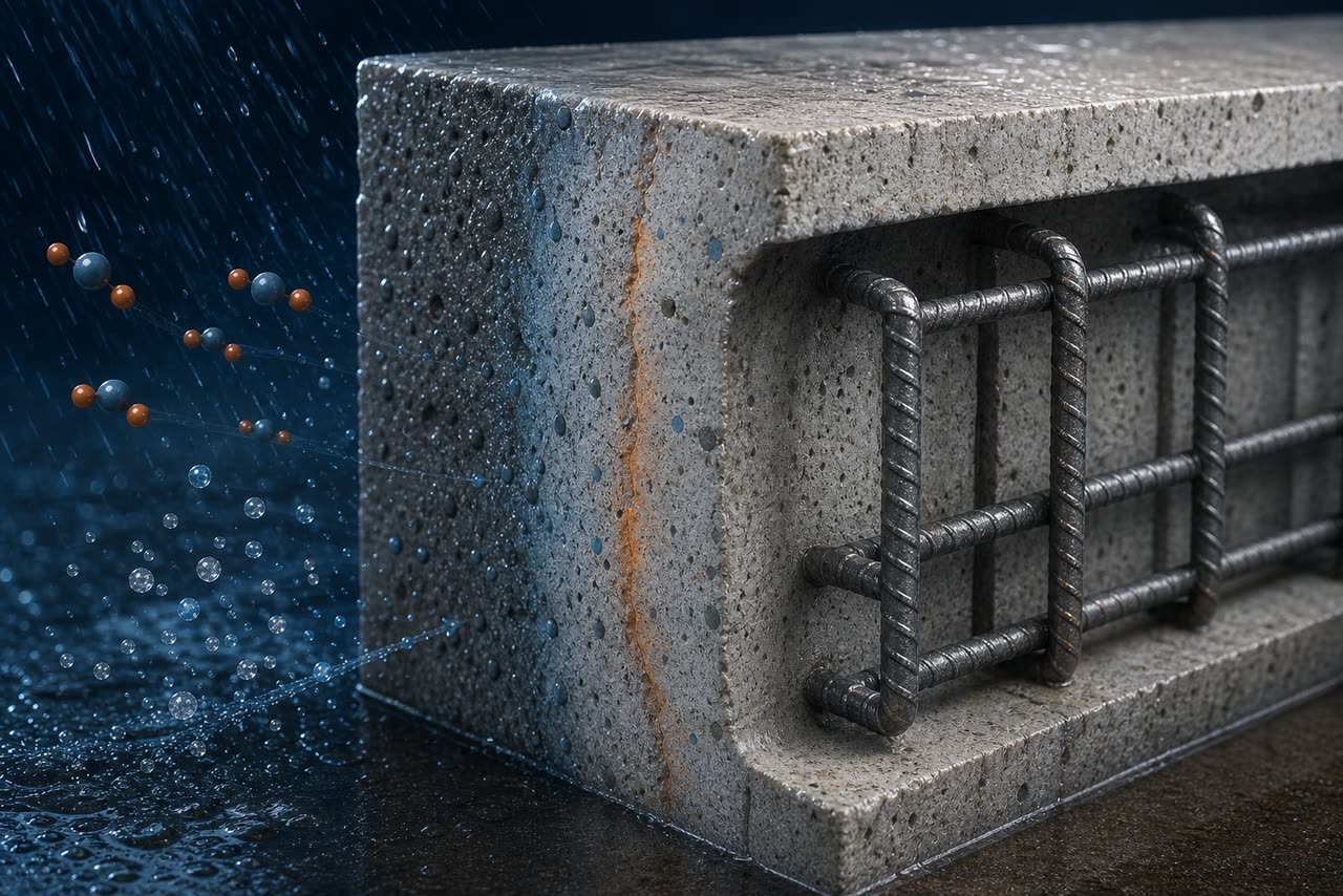 Corte realista de concreto com cobrimento, barras de aço, umidade e marcas de carbonatação